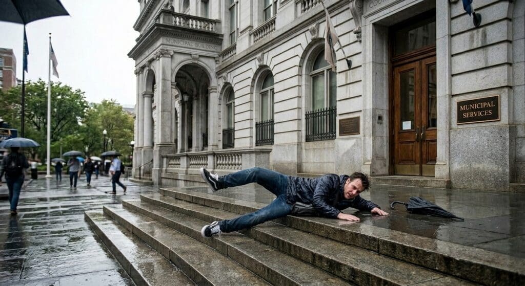 A man slips and falls on wet concrete steps outside a municipal building in Chicago during a rainstorm. This image illustrates a premises liability hazard where poor maintenance or lack of warning signs on public property can lead to serious personal injury.