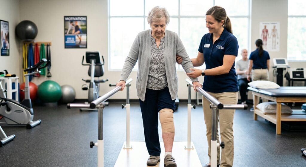 An elderly woman with a bandaged knee works with a physical therapist in a Chicago rehabilitation center. She is using parallel bars to regain her mobility after a debilitating slip and fall accident, highlighting the long-term recovery process for injury victims.