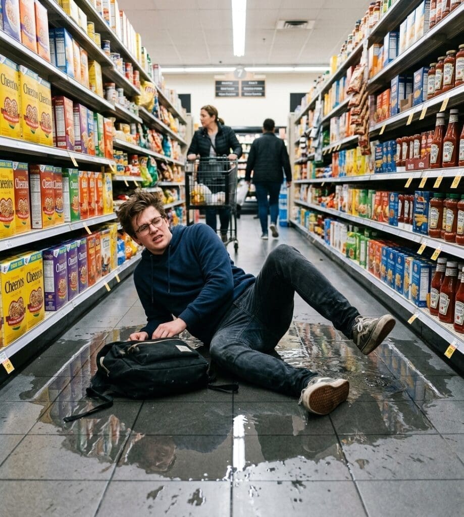 A young man in a grocery store aisle sits on the floor in pain after slipping on a large liquid spill. This photo depicts a common retail slip and fall scenario where a business's failure to maintain a safe environment results in an immediate injury.