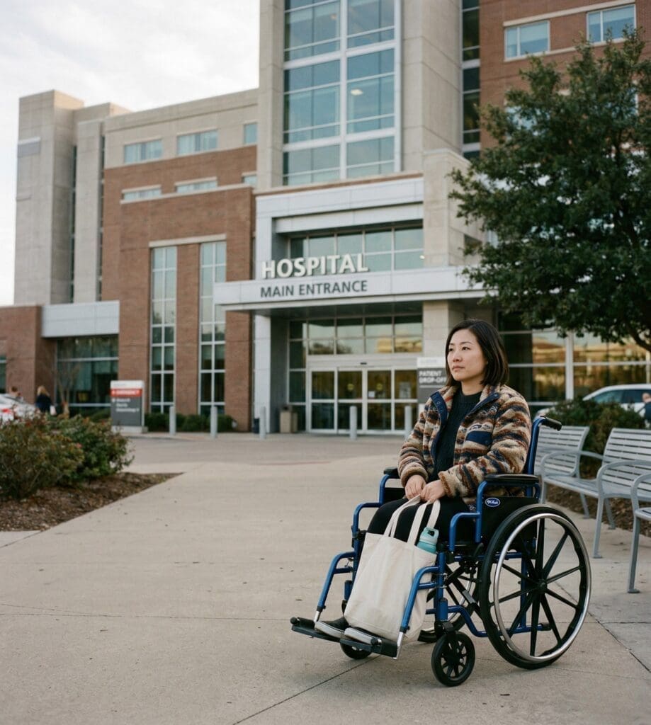 A somber woman sits in a wheelchair in front of the main entrance of a Chicago hospital. This image represents the life-altering consequences of a catastrophic fall, emphasizing the need for legal representation to cover medical expenses and mobility needs.