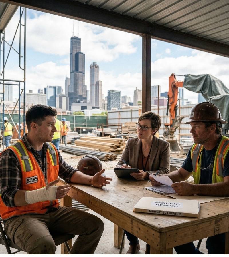 An injured construction worker with a bandaged arm meets with HR and a supervisor in Chicago to file a workplace injury report, with the city skyline in the background, highlighting worker rights and benefits.