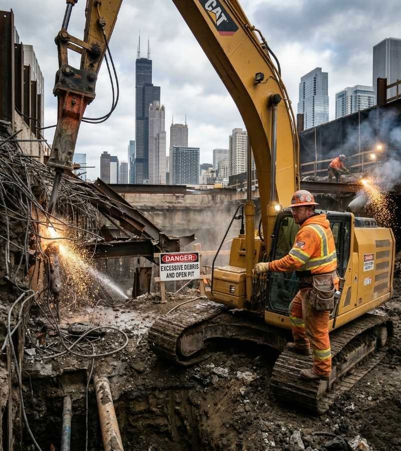 A construction worker operates heavy excavation machinery at a dangerous Chicago job site near an open pit with debris. The Sears Tower and city skyline are visible, highlighting the risks of urban construction work.
