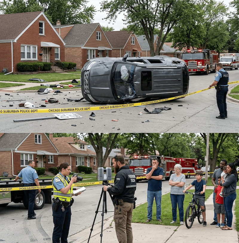 Forensic team and police investigate an SUV rollover crash in a Chicago suburb as bystanders look on. Crucial scene reconstruction for a Cook County personal injury and vehicle safety defect claim.