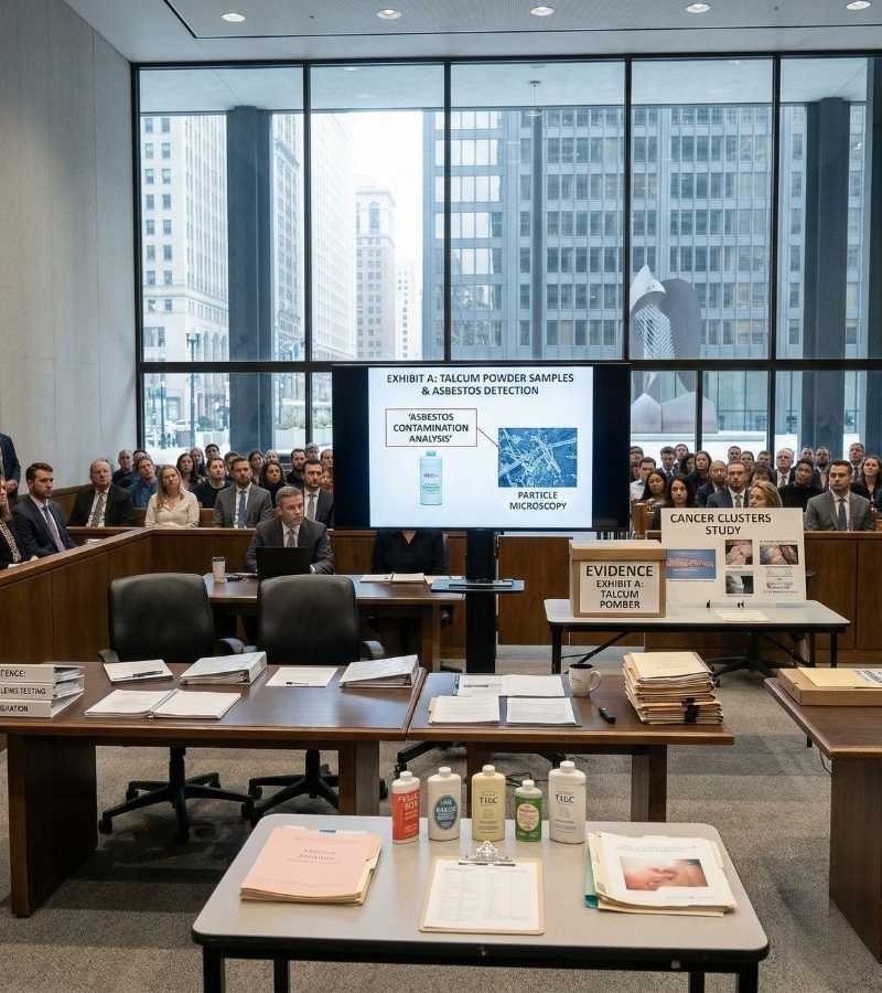 Chicago courtroom display of talcum powder evidence, including asbestos contamination microscopy and cancer cluster studies. Essential visual proof for Illinois product liability litigation.