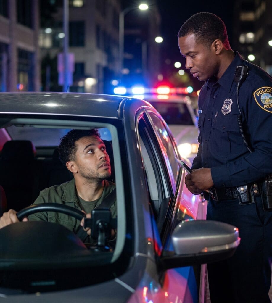 A police officer stands by a car window at night, speaking to a young man in the driver's seat with flashing blue and red emergency lights in the background.