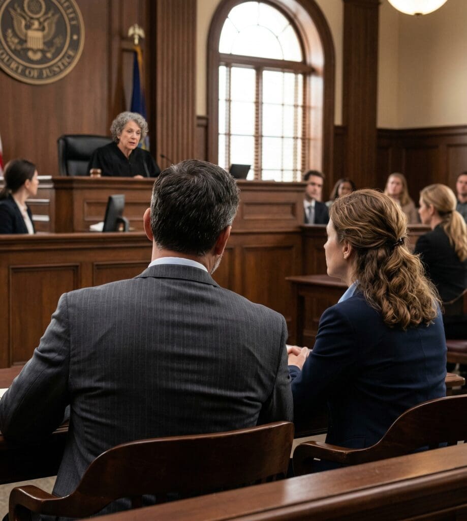 A view from behind a legal team in a wood-paneled courtroom as they face a judge presiding from the bench under a seal of justice.