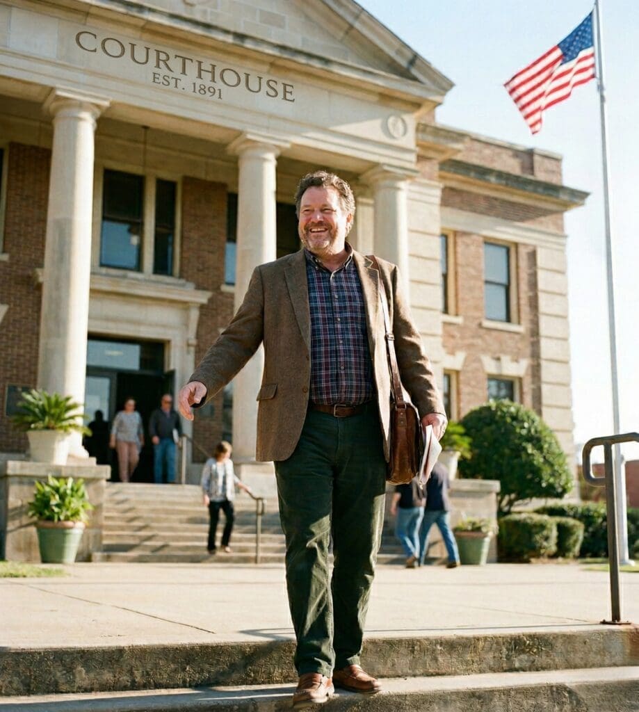 A smiling man in a brown blazer and green corduroy pants walks down the steps of a classic brick Chicago courthouse with an American flag flying nearby.