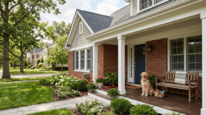 Chicago suburban home exterior with front porch and dog, illustrating dog bite liability for Illinois homeowners