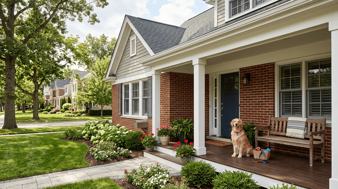 Chicago suburban home exterior with front porch and dog, illustrating dog bite liability for Illinois homeowners