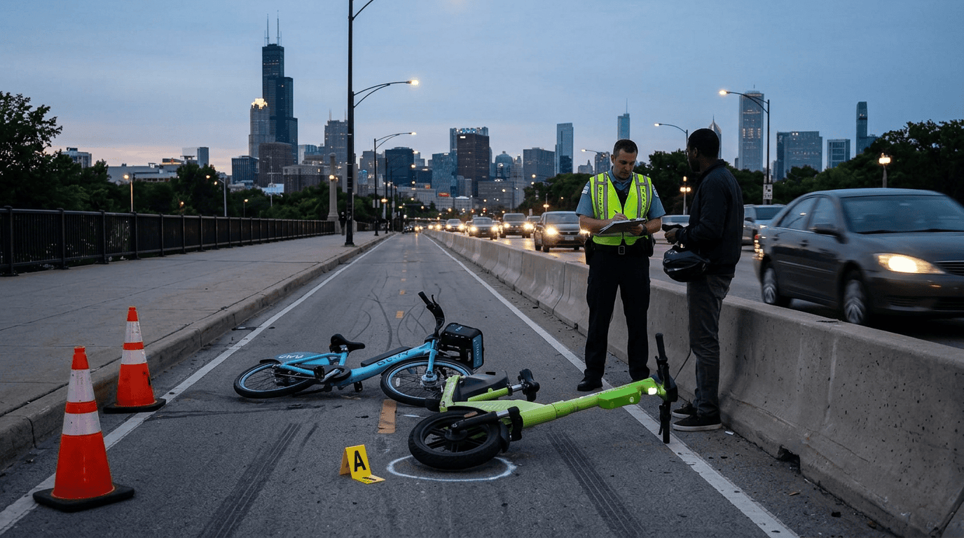 A modern e-bike resting on its side on a busy Chicago sidewalk, illustrating potential personal injury hazards and liability involving motorized scooters and e-bikes.