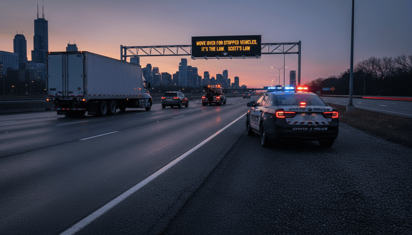 Emergency vehicle with flashing lights parked on the shoulder of a Chicago highway, illustrating Scott's Law and the importance of moving over for stopped vehicles.