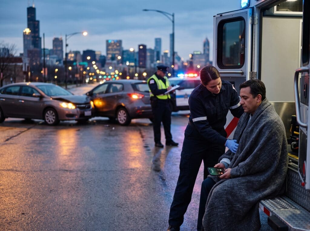 Injured driver receiving paramedic care after a Chicago car accident while declining an insurance adjuster's phone call