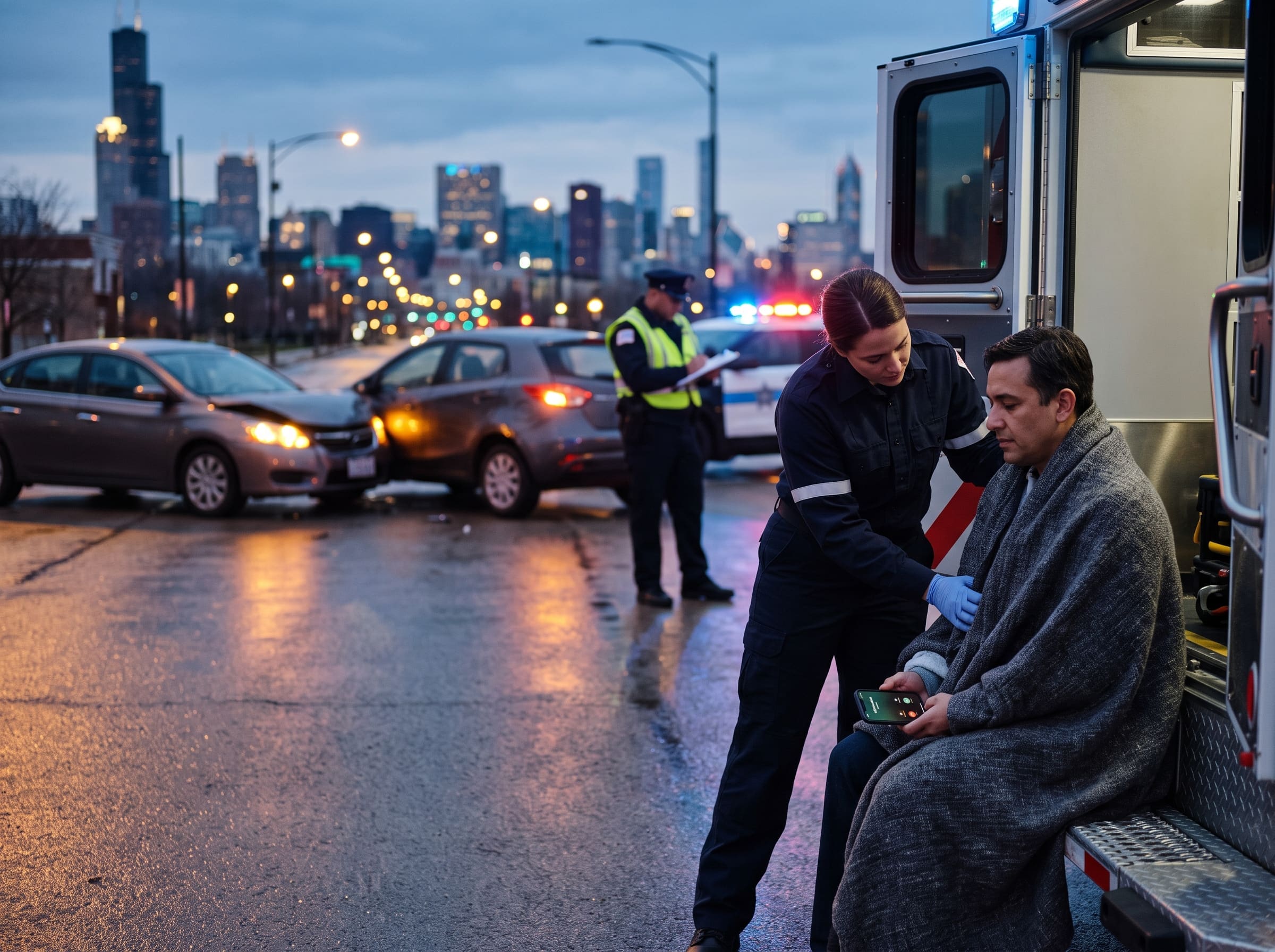 Injured driver receiving paramedic care after a Chicago car accident while declining an insurance adjuster's phone call