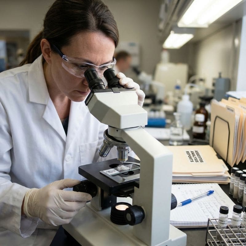 A female scientist in a lab coat, safety glasses, and gloves focuses intently while looking into a compound microscope. The background shows a laboratory environment, with scientific equipment, including a folder titled "ASBESTOS ANALYSIS REPORTS" visible on the desk.